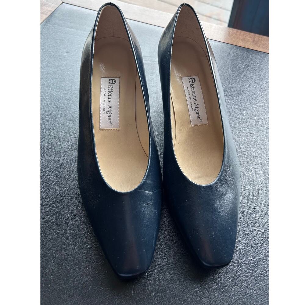 Vintage Etienne Aigner Sevilla Pumps Navy Leather Square Toe  8.5W Made Spain